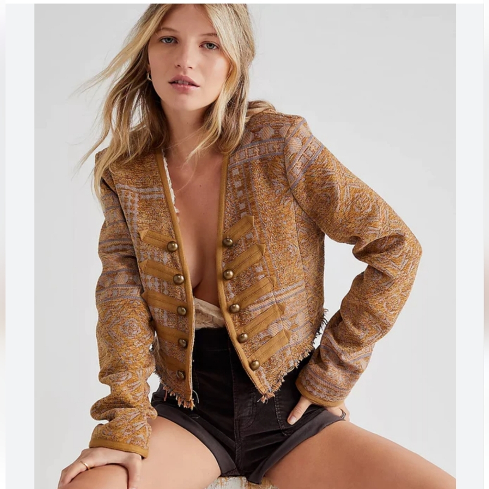 BNWT! L" FREE PEOPLE Juliette Cropped Jacket in Gold Combo - Picture 5 of 16